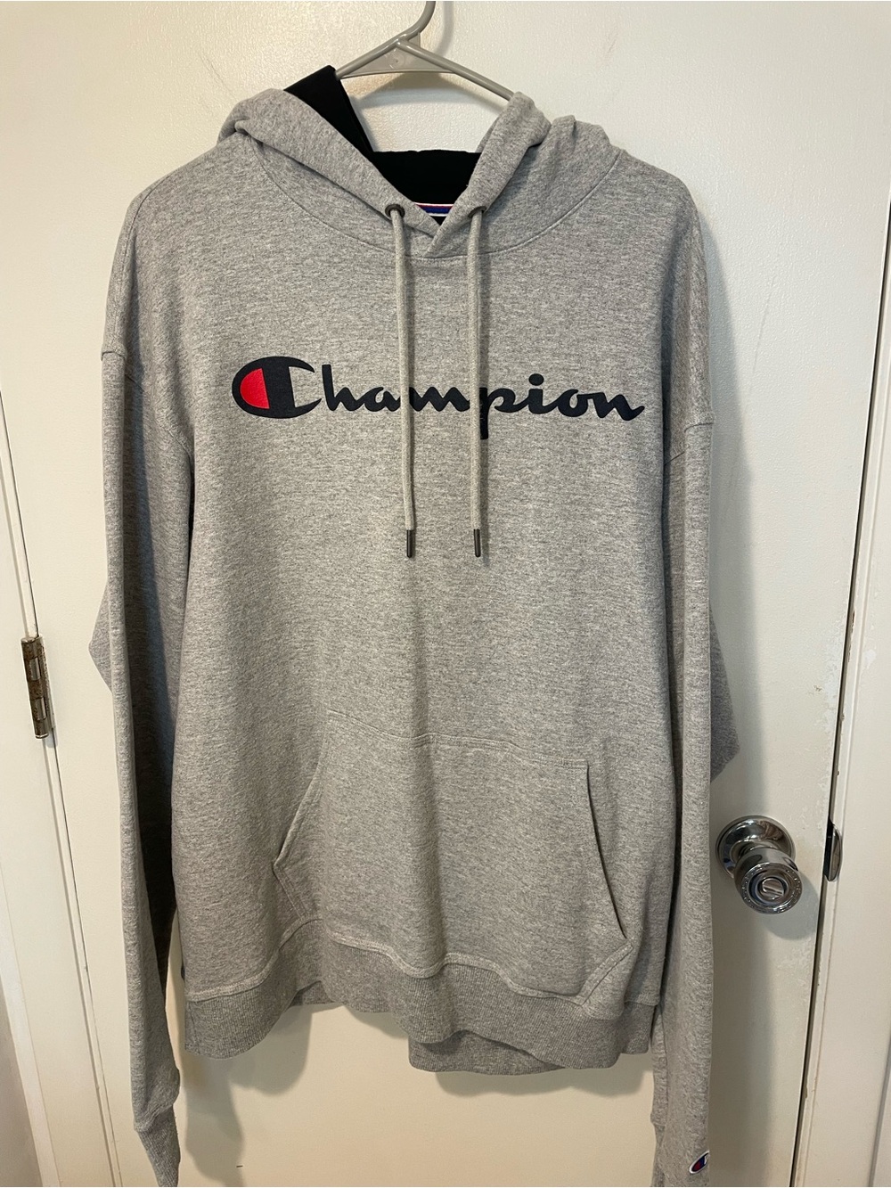 Authentic Champion scripted logo grey mens pullover hoodie sweatshirt sz XL